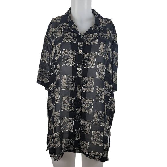 Chico's Designs Semi Sheer Face/Hearts Black/Tan Blouse 2 - M - Picture 1 of 6